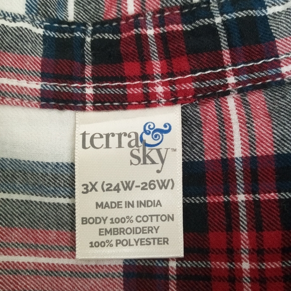 3X (24W-26W) Terra & sky FLORAL EMBROIDERED plaid button down top - Picture 7 of 10